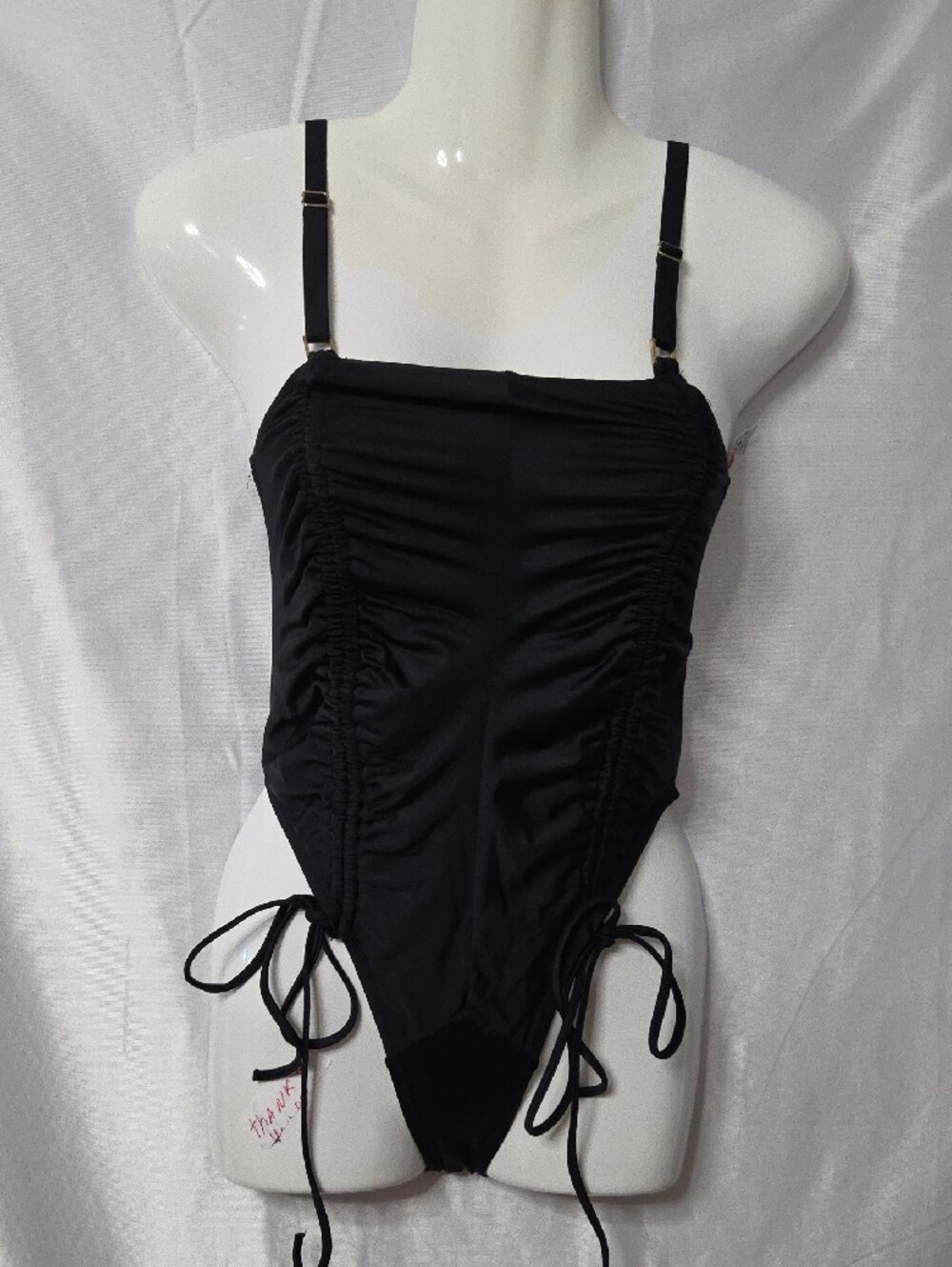 Black Adjustable Ruched One-Piece Swimsuit [1753] - Picture 2 of 6
